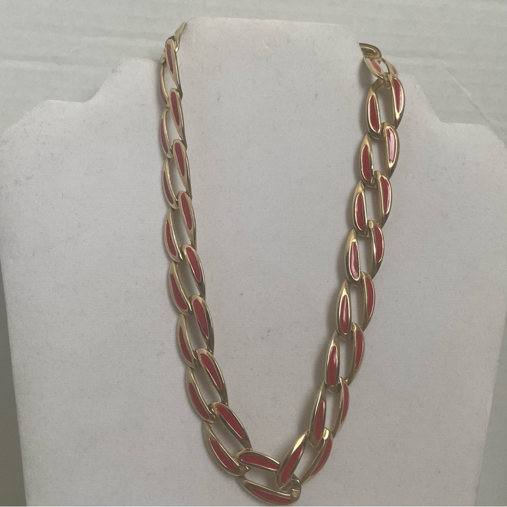Vintage Gold Tone and red enamel statement chunky chain necklace. Used.